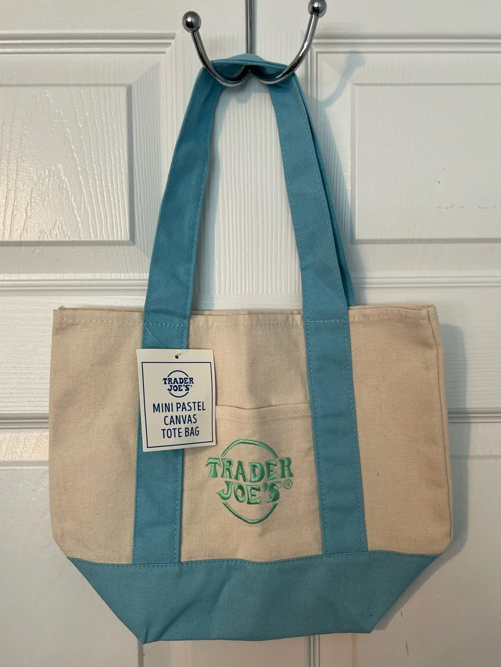 Trader Joe's Mini Canvas Tote Cream and Light Blue NWT